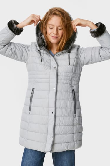 Women - Quilted coat with hood - light gray