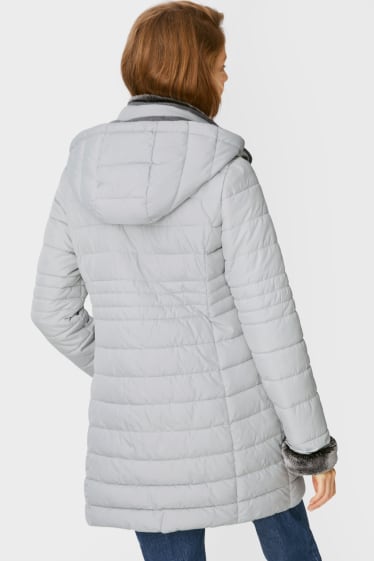 Women - Quilted coat with hood - light gray