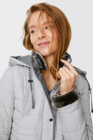 Women - Quilted coat with hood - light gray