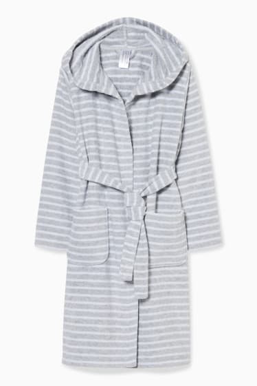 Children - Terry bathrobe with hood  - striped - light gray-melange
