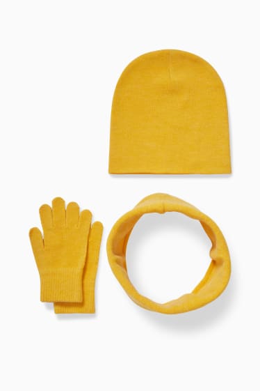 Kinder - Set - Mütze, Loop Schal und Handschuhe - 3 teilig - gelb