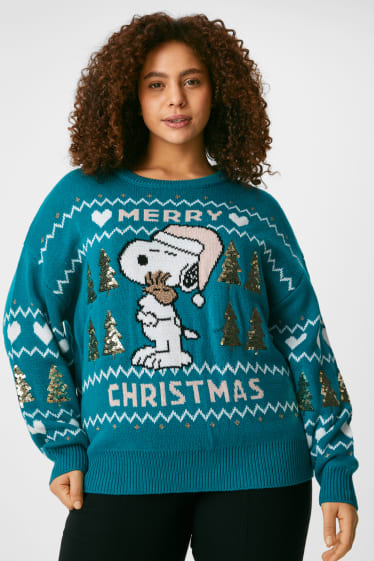 Women - CLOCKHOUSE - Christmas jumper - shiny - Peanuts - turquoise