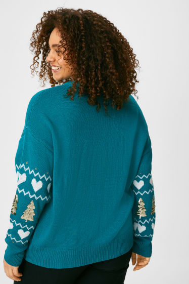 Femei - CLOCKHOUSE - pulover cu motive de Crăciun - aspect lucios - Peanuts - turcoaz