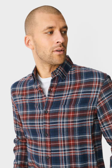 Hommes - Chemise en flanelle - regular fit - col button down - à carreaux - rouge / bleu foncé