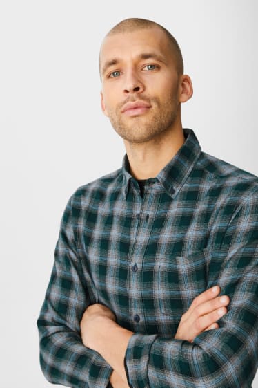 Hombre - Camisa de franela - slim fit - button down - de cuadros - gris