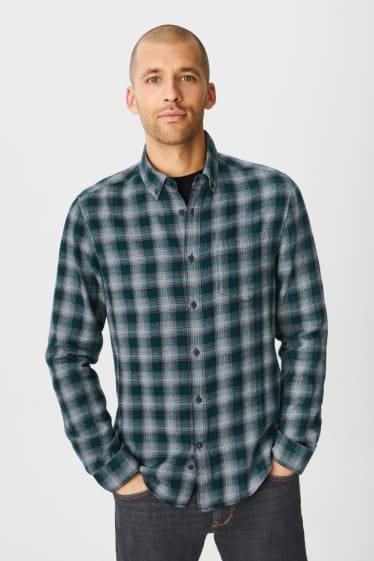 Hombre - Camisa de franela - slim fit - button down - de cuadros - gris