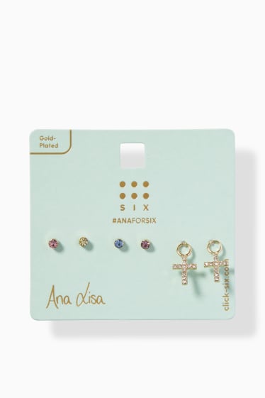 Women - SIX - set - stud earrings - gold-plated - 6 piece - gold
