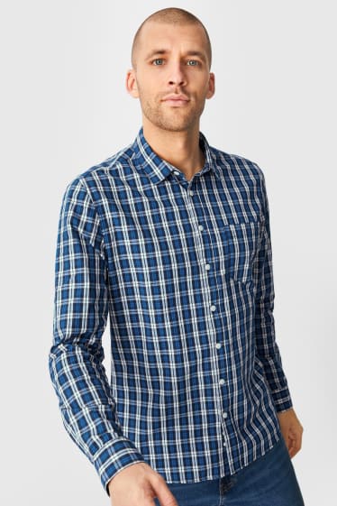 Heren - Overhemd - slim fit - kent - geruit - donkerblauw