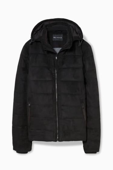 Men - Quilted jacket with hood - faux suede - black