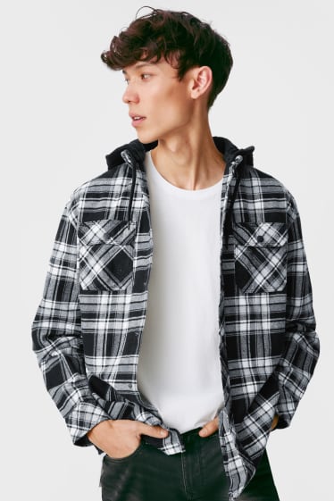 Pánské - CLOCKHOUSE - flanelová košilová bunda s kapucí - kostkovaná - černá