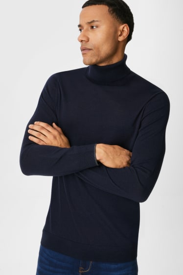 Hombre - Jersey de cuello alto de lana de merino - azul oscuro