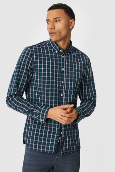 Pánské - Košile - slim fit - button-down - kostkovaná - tmavozelená