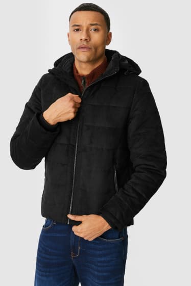 Pánské - Prošívaná bunda s kapucí - imitace semiše - černá