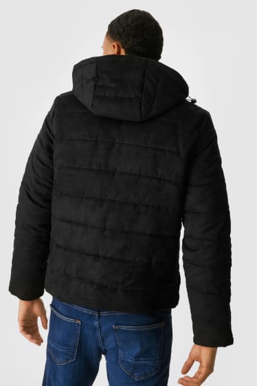 Men - Quilted jacket with hood - faux suede - black