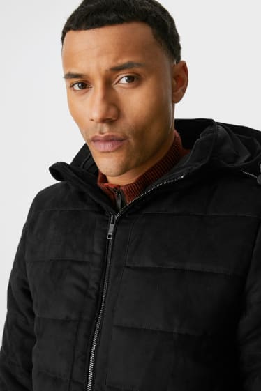 Men - Quilted jacket with hood - faux suede - black