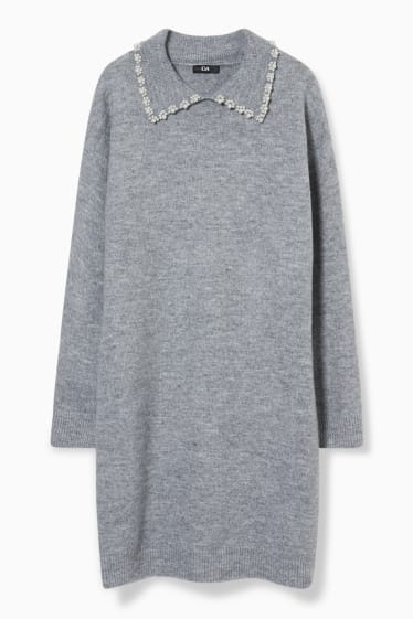 Dámské - Pletené šaty - s lesklou aplikací - šedá-žíhaná