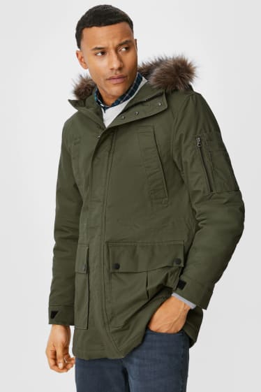 Uomo - Parka con cappuccio e inserto in ecopelliccia - verde scuro