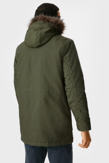 Uomo - Parka con cappuccio e inserto in ecopelliccia - verde scuro