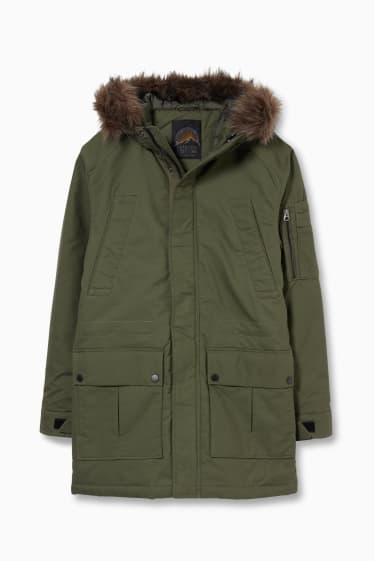 Hommes - Parka à capuche avec garniture d'imitation fourrure - vert foncé