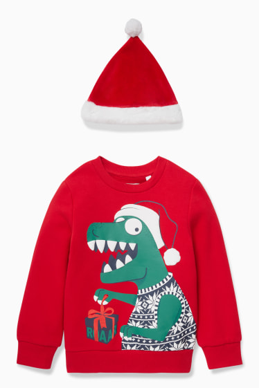 Kinder - Dino - Set - Weihnachts-Sweatshirt und -Mütze - 2 teilig - rot