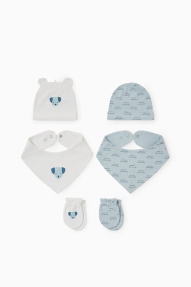 Babies - 2 baby hats, 2 triangular scarves and 2 scratch mittens - light blue
