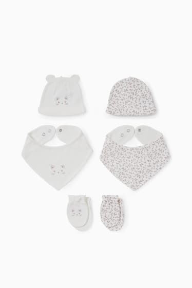 Bébés - 2 bonnets, foulards triangulaires et mouffles de naissance antigrattements - blanc crème
