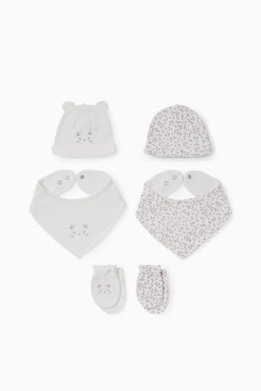 Neonate - 2 berretti, 2 bavette triangolari e 2 paia di guanti antigraffio per neonati - bianco crema