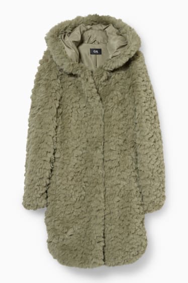 Women - Faux fur coat with hood - dark green