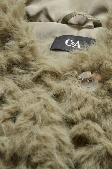 Dámské - Kabát z umělé kožešiny s kapucí - tmavozelená