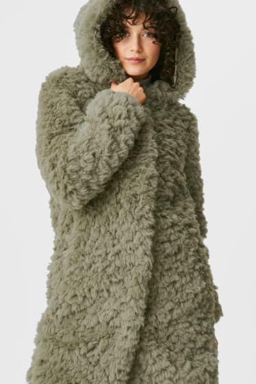 Women - Faux fur coat with hood - dark green