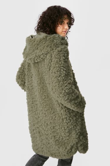 Femmes - Manteau en imitation fourrure à capuche - vert foncé