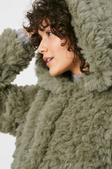 Women - Faux fur coat with hood - dark green