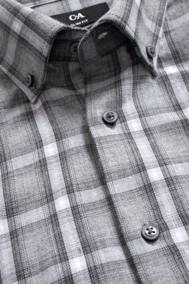 Pánské - Flanelová košile - slim fit - button-down - kostkovaná - bílá/šedá