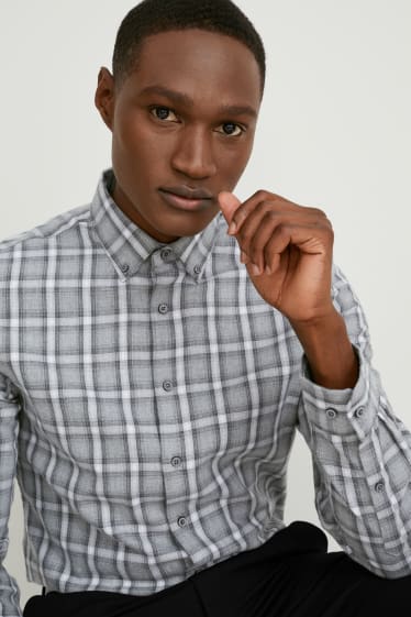 Hommes - Chemise en flanelle - slim fit - col button down - à carreaux - blanc / gris