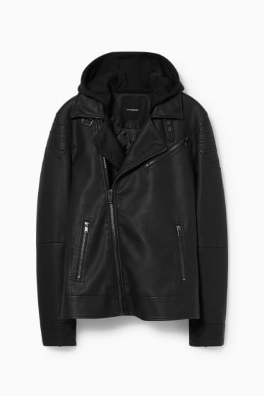 Men - CLOCKHOUSE - biker jacket with hood - faux leather - black
