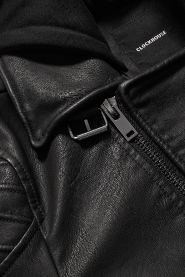 Men - CLOCKHOUSE - biker jacket with hood - faux leather - black