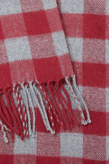 Heren - Sjaal met franjes - geruit - rood / grijs