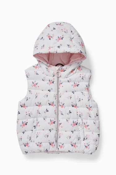 Dětské - Prošívaná vesta s kapucí - s květinovým vzorem - bílá