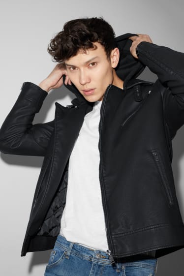 Men - CLOCKHOUSE - biker jacket with hood - faux leather - black