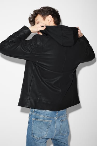 Men - CLOCKHOUSE - biker jacket with hood - faux leather - black