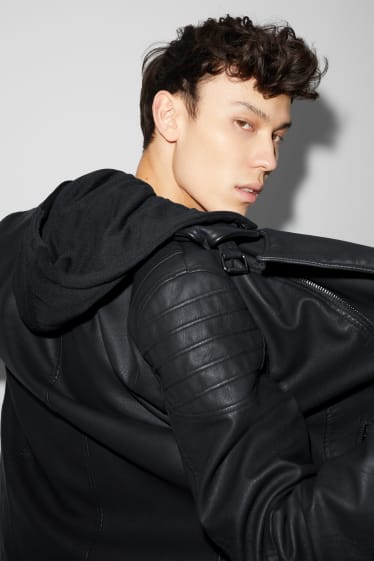 Men - CLOCKHOUSE - biker jacket with hood - faux leather - black