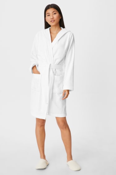 Women - Terry bathrobe with hood - white
