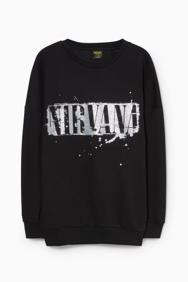 Adolescenți și tineri - CLOCKHOUSE - bluză de molton - aspect lucios - Nirvana - negru