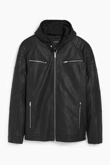 Men - CLOCKHOUSE - biker jacket with hood - faux leather - black