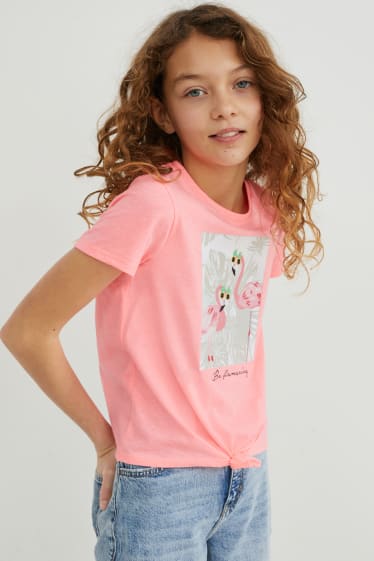 Kinder - Multipack 3er - Kurzarmshirt mit Knotendetail - neon-rosa