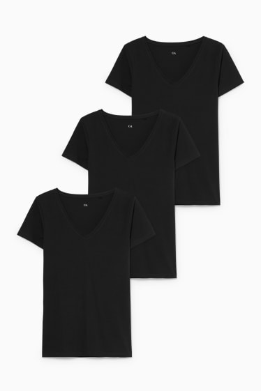 Damen - Multipack 3er - Basic-T-Shirt - schwarz