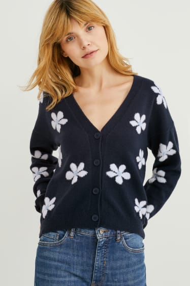 Femei - Cardigan tricotat - cu flori - albastru închis