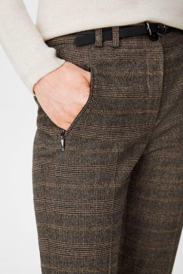 Women - Trousers with belt - tapered fit - check - brown