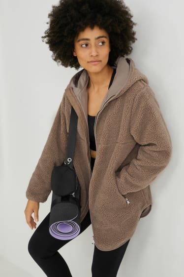 Women - Teddy fur jacket with hood - running - taupe