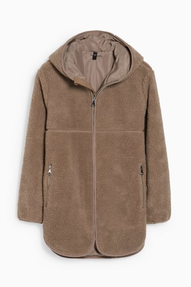Women - Teddy fur jacket with hood - running - taupe